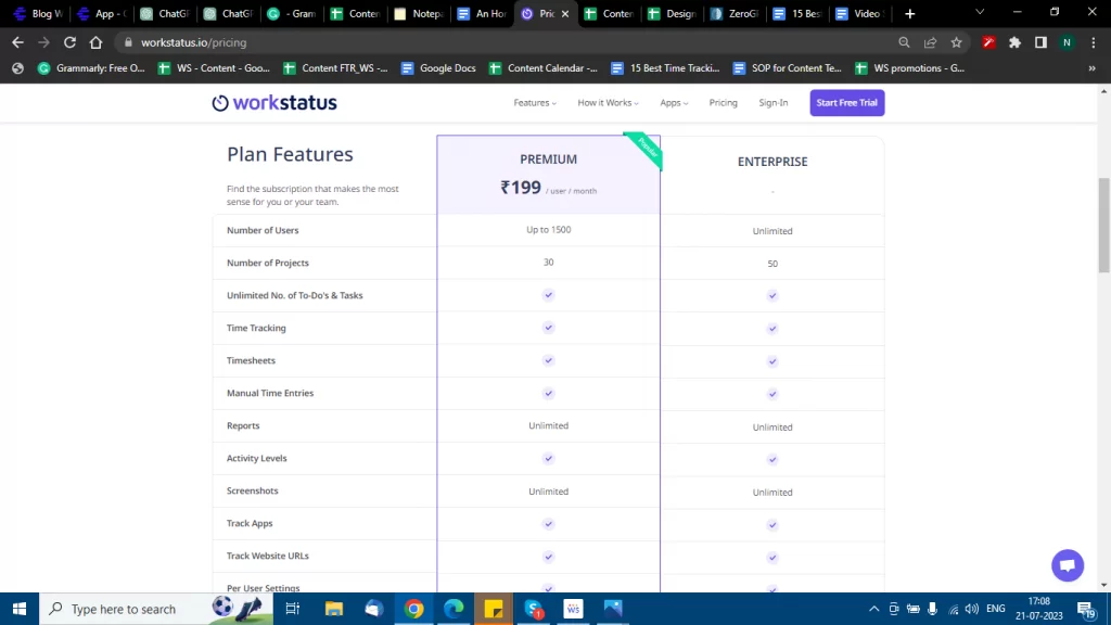 Pricing and plans of Workstatus