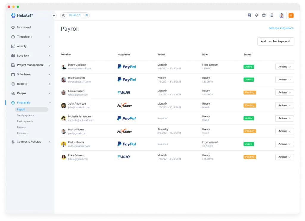 Payroll Tracking in Hubstaff